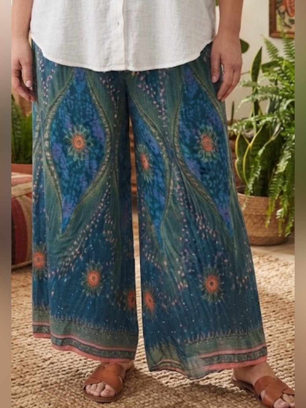 Boho Peacock Mandala Wide Leg Palazzo Pants Hippie Festival Teal XL